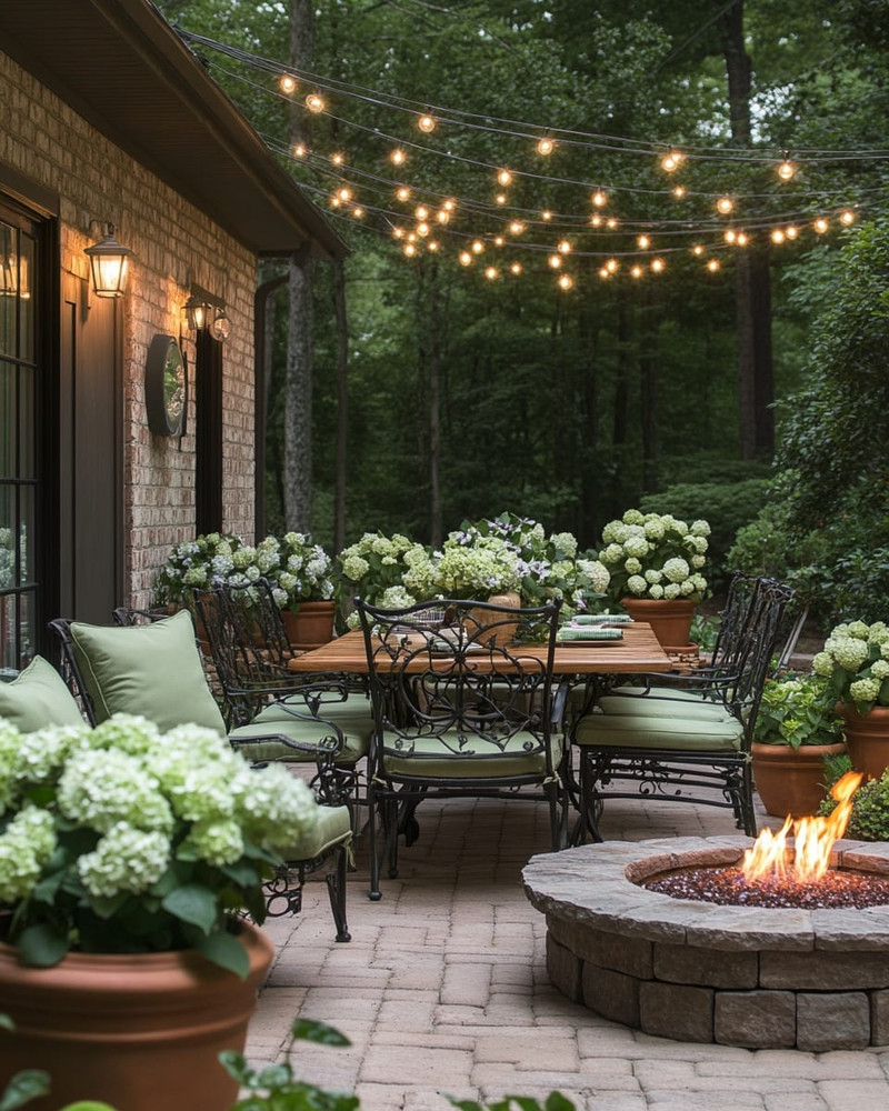 A cozy traditional patio featuring a wrought iron dining set with sage green cushions, a wooden dining table, and warm string lights draped overhead. Terracotta pots filled with lush greenery and blooming hydrangeas are placed around a stone fire pit.