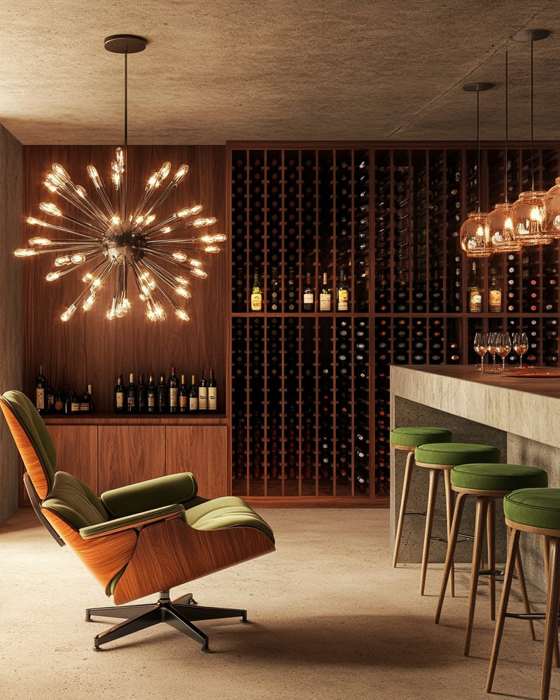 Mid-Century Modern wine cellar featuring a walnut Eames Lounge Chair, a Sputnik chandelier, sleek teak wine racks, and a concrete tasting bar with green upholstered stools. Mid-Century Modern wine cellar featuring a walnut Eames Lounge Chair, a Sputnik chandelier, sleek teak wine racks, and a concrete tasting bar with green upholstered stools.