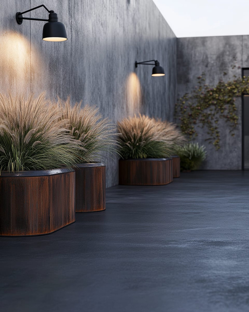An industrial driveway featuring dark gray sealed concrete, bordered by robust steel edging, with matte black gooseneck lighting fixtures mounted on a raw concrete wall and large Corten steel planters filled with hardy ornamental grasses. An industrial driveway featuring dark gray sealed concrete, bordered by robust steel edging, with matte black gooseneck lighting fixtures mounted on a raw concrete wall and large Corten steel planters filled with hardy ornamental grasses.