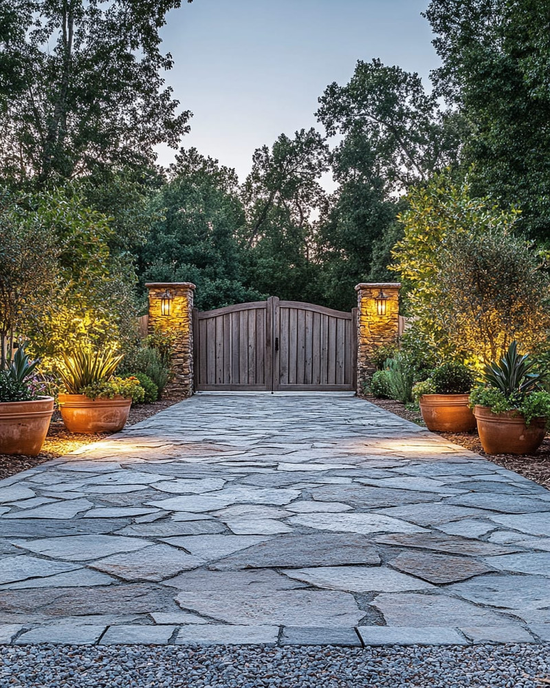 Rustic driveway with warm grey gravel and large, irregular flagstones leading to a wooden gate. The scene is enhanced by low-level pathway lights, subtle uplighting on surrounding trees, and terracotta planters filled with native greenery, all under a soft, twilight glow. Rustic driveway with warm grey gravel and large, irregular flagstones leading to a wooden gate. The scene is enhanced by low-level pathway lights, subtle uplighting on surrounding trees, and terracotta planters filled with native greenery, all under a soft, twilight glow.