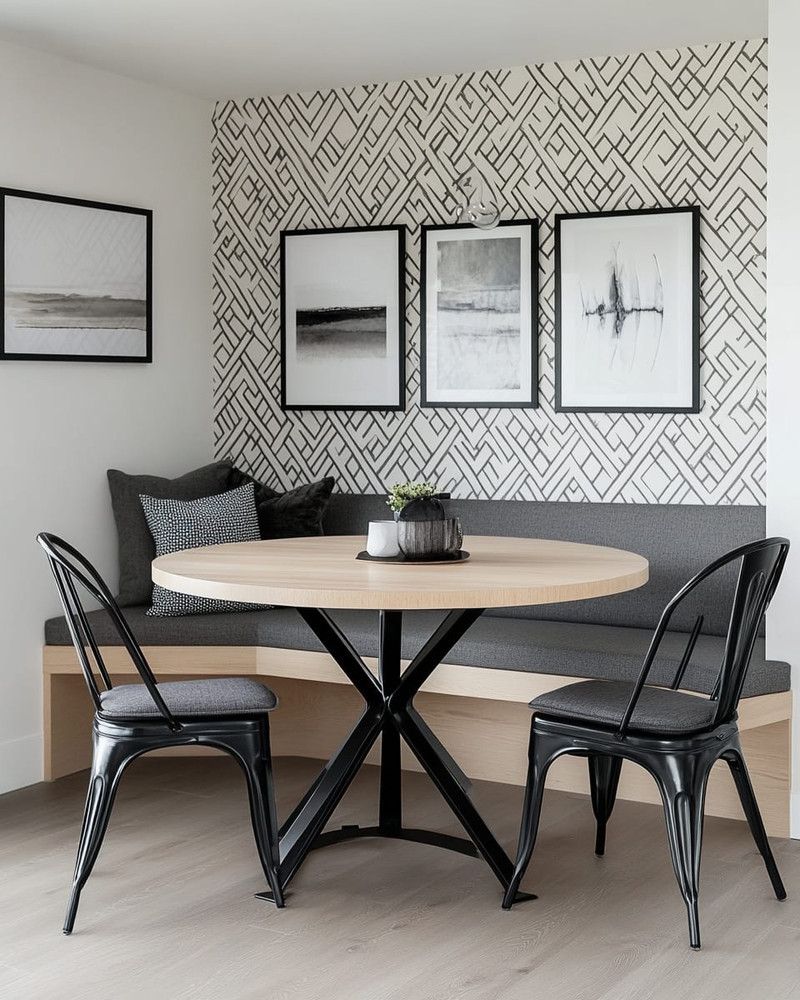 A modern breakfast nook features a light wood round table with a minimalist black metal base, paired with a charcoal grey upholstered bench and two black metal chairs. A subtle geometric peel-and-stick wallpaper adorns the wall, alongside a gallery of abstract art prints. A modern breakfast nook features a light wood round table with a minimalist black metal base, paired with a charcoal grey upholstered bench and two black metal chairs. A subtle geometric peel-and-stick wallpaper adorns the wall, alongside a gallery of abstract art prints.