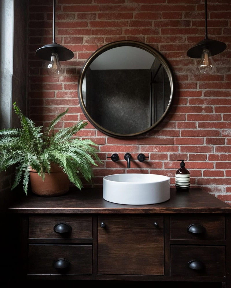 Industrial bathroom with a warm red exposed brick wall, a dark wood reclaimed vanity with a white ceramic basin, and matte black fixtures. A large round mirror with an aged brass frame hangs above the vanity, complemented by a lush green fern in a terracotta pot. Industrial bathroom with a warm red exposed brick wall, a dark wood reclaimed vanity with a white ceramic basin, and matte black fixtures. A large round mirror with an aged brass frame hangs above the vanity, complemented by a lush green fern in a terracotta pot.