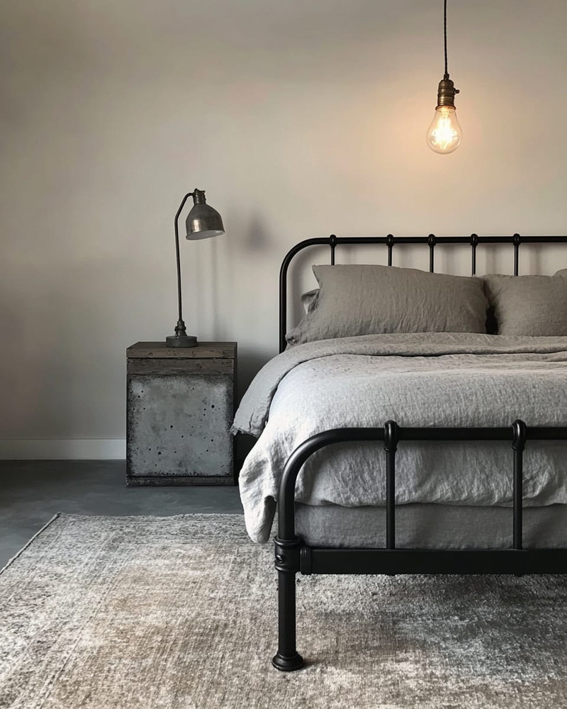 An industrial bedroom featuring a black metal bed frame, a grey washed linen duvet, and an exposed Edison bulb pendant light hanging from the ceiling. A dark wood nightstand holds a concrete-look lamp, and a large, distressed area rug covers the light grey floor. An industrial bedroom featuring a black metal bed frame, a grey washed linen duvet, and an exposed Edison bulb pendant light hanging from the ceiling. A dark wood nightstand holds a concrete-look lamp, and a large, distressed area rug covers the light grey floor.