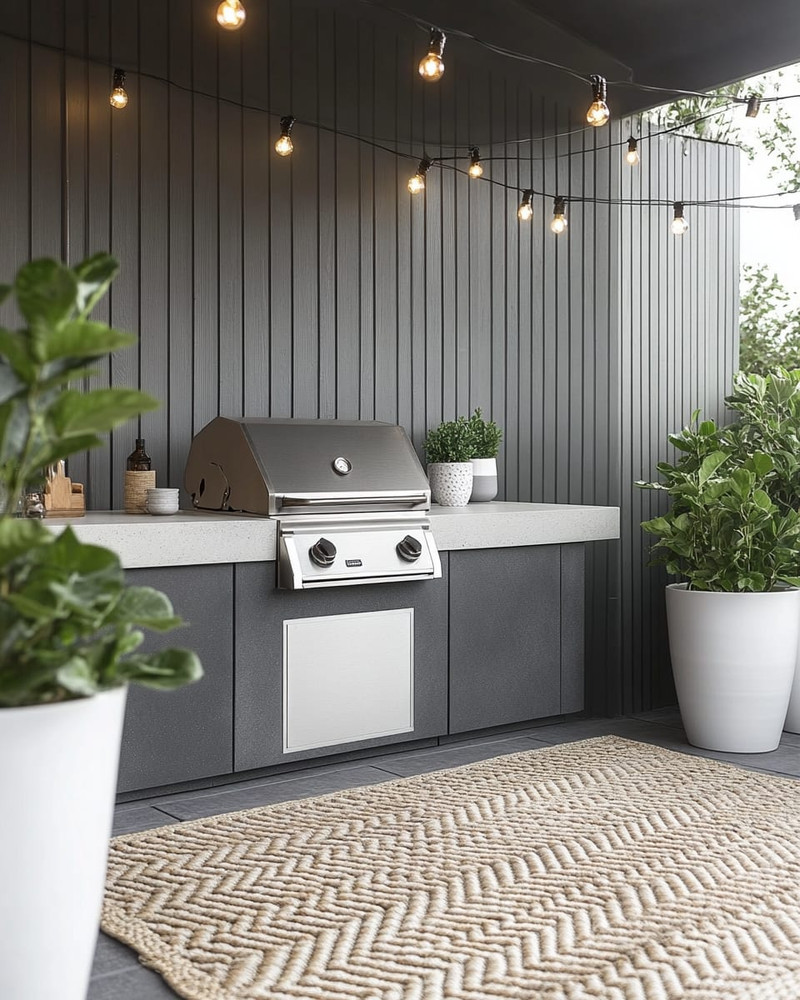 A modern outdoor kitchen setup featuring a charcoal gray modular grill station with a light concrete-effect countertop, brushed stainless steel accents, and black string lights strung overhead. Large white ceramic planters with architectural green plants frame the area, complemented by a woven outdoor rug in a subtle geometric pattern.