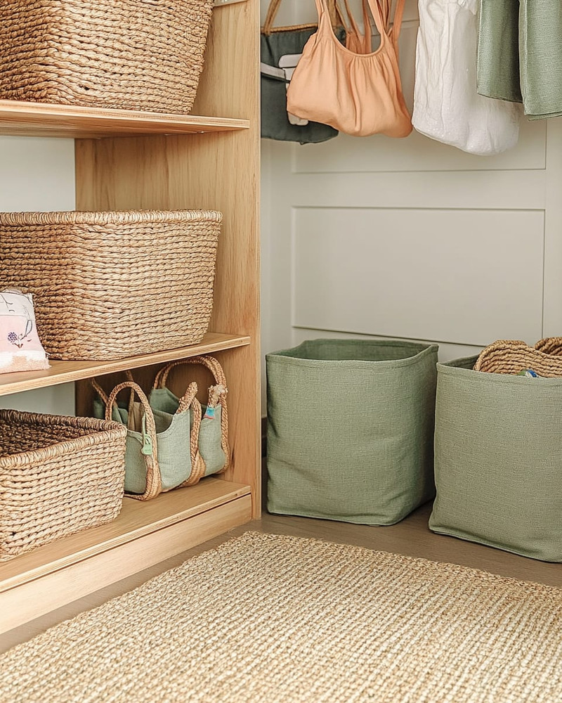 Boho closet storage with open mango wood shelving, large woven rattan baskets for toys, and canvas bins in muted sage green. A low-pile jute rug sits on the floor, and a small, dedicated hook is placed at a child's height. Boho closet storage with open mango wood shelving, large woven rattan baskets for toys, and canvas bins in muted sage green. A low-pile jute rug sits on the floor, and a small, dedicated hook is placed at a child's height.