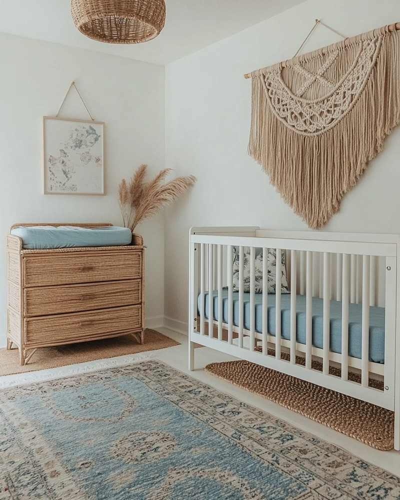 Coastal baby and kids' room with a white oak crib, a large seagrass rug, a rattan changing table, and a macrame wall hanging above a dresser. Soft white walls are accented with muted blue textiles and natural wood elements. Coastal baby and kids' room with a white oak crib, a large seagrass rug, a rattan changing table, and a macrame wall hanging above a dresser. Soft white walls are accented with muted blue textiles and natural wood elements.