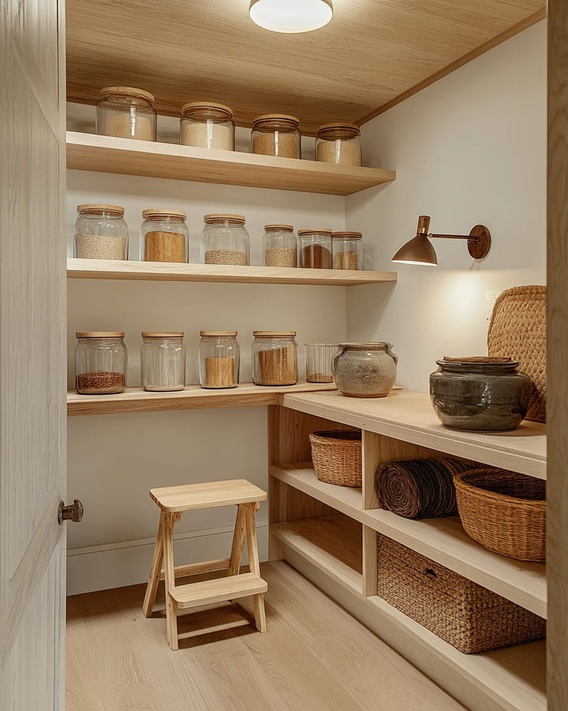 A bright Scandinavian pantry with open birch wood shelving, featuring a mix of modern glass jars with wooden lids and vintage ceramic crocks. A small wooden step stool sits on a light oak floor, with a modern ceiling light and a vintage-style task lamp providing illumination. A bright Scandinavian pantry with open birch wood shelving, featuring a mix of modern glass jars with wooden lids and vintage ceramic crocks. A small wooden step stool sits on a light oak floor, with a modern ceiling light and a vintage-style task lamp providing illumination.