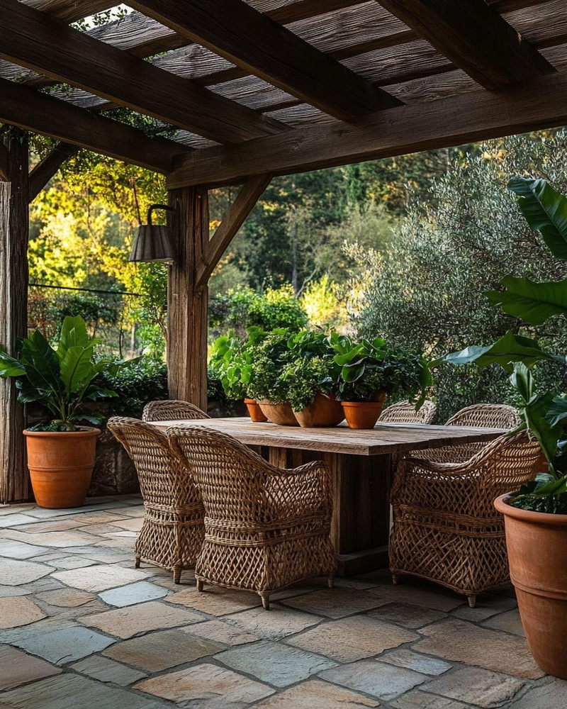 A rustic patio featuring a large flagstone patio surface, a solid wood dining table with woven rattan chairs, and terracotta planters filled with lush green plants under a natural wood pergola. A rustic patio featuring a large flagstone patio surface, a solid wood dining table with woven rattan chairs, and terracotta planters filled with lush green plants under a natural wood pergola.