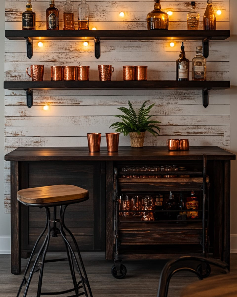 Rustic home bar with a dark wood bar cart, industrial-style wrought iron stools with wooden seats, and a backdrop of peel-and-stick shiplap wallpaper. Copper mugs, amber glass bottles, and a small potted fern adorn the shelves, illuminated by warm, string lights. Rustic home bar with a dark wood bar cart, industrial-style wrought iron stools with wooden seats, and a backdrop of peel-and-stick shiplap wallpaper. Copper mugs, amber glass bottles, and a small potted fern adorn the shelves, illuminated by warm, string lights.