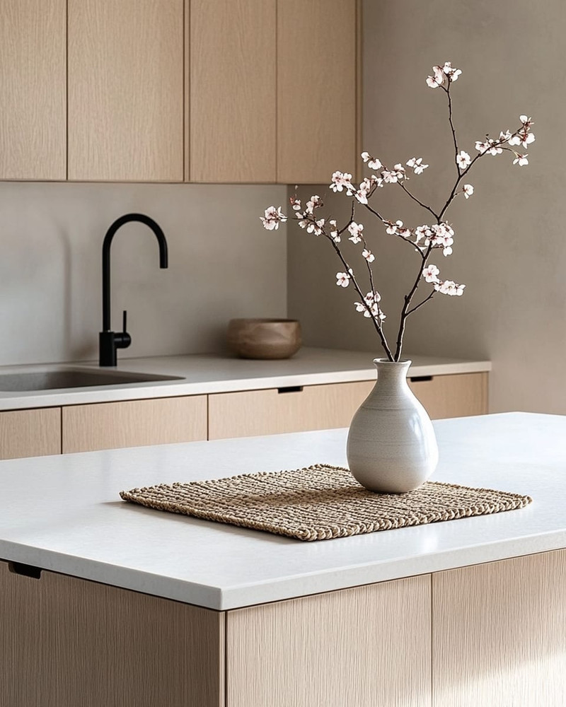 A serene Japandi kitchen featuring light ash wood cabinetry, a white quartz countertop, and minimalist black metal fixtures. A single ceramic vase holds delicate cherry blossom branches, and a natural woven placemat sits on the island. A serene Japandi kitchen featuring light ash wood cabinetry, a white quartz countertop, and minimalist black metal fixtures. A single ceramic vase holds delicate cherry blossom branches, and a natural woven placemat sits on the island.