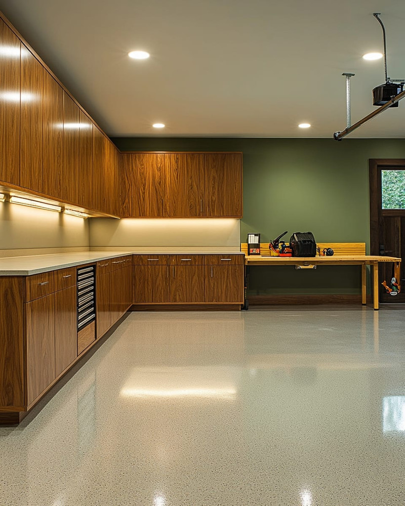 Clean Mid-Century Modern garage featuring walnut flat-panel cabinetry, a polished light grey epoxy floor, recessed LED lighting, and a subtle sage green accent wall behind a minimalist workbench. Clean Mid-Century Modern garage featuring walnut flat-panel cabinetry, a polished light grey epoxy floor, recessed LED lighting, and a subtle sage green accent wall behind a minimalist workbench.