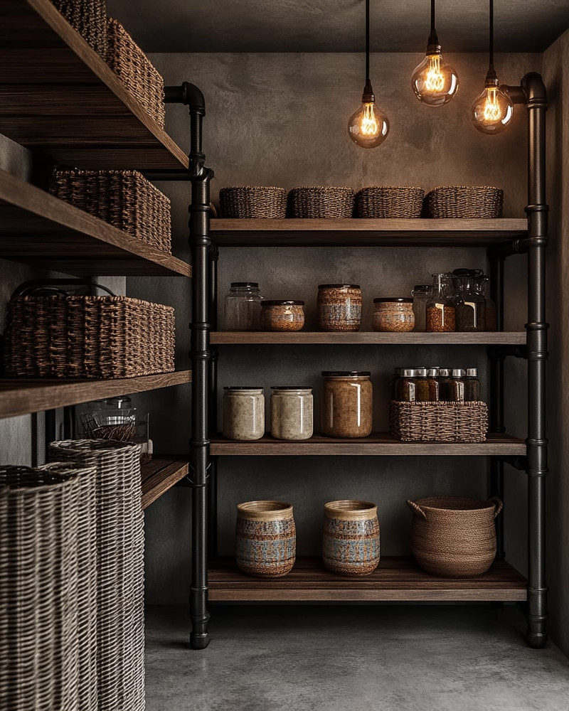 An industrial pantry featuring unfinished oak shelves, dark steel piping supports, and a polished concrete floor. Exposed Edison bulb pendants hang from the ceiling, illuminating woven wicker baskets and ceramic canisters in earthy tones. An industrial pantry featuring unfinished oak shelves, dark steel piping supports, and a polished concrete floor. Exposed Edison bulb pendants hang from the ceiling, illuminating woven wicker baskets and ceramic canisters in earthy tones.