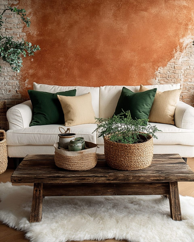 A cozy rustic family room featuring a warm terracotta accent wall behind a cream linen sofa adorned with forest green and oatmeal throw pillows. A distressed wooden coffee table sits on a faux sheepskin rug, while woven baskets and ceramic planters with greenery add natural elements. A cozy rustic family room featuring a warm terracotta accent wall behind a cream linen sofa adorned with forest green and oatmeal throw pillows. A distressed wooden coffee table sits on a faux sheepskin rug, while woven baskets and ceramic planters with greenery add natural elements.