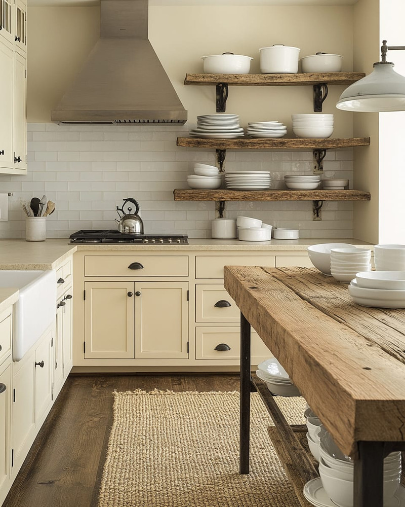A cozy rustic kitchen featuring creamy off-white cabinets, a reclaimed wood island, and open shelving displaying white stoneware. Wrought iron hardware and a sisal runner add to the warm, inviting atmosphere, with natural light streaming in. A cozy rustic kitchen featuring creamy off-white cabinets, a reclaimed wood island, and open shelving displaying white stoneware. Wrought iron hardware and a sisal runner add to the warm, inviting atmosphere, with natural light streaming in.