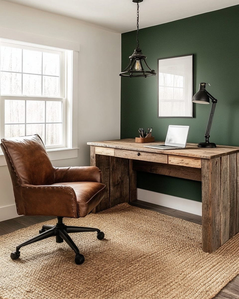A cozy rustic home office featuring a reclaimed oak desk, a distressed cognac leather chair, and a jute rug. Walls are painted a warm off-white, complemented by a deep forest green accent wall, with an iron pendant light illuminating the space.