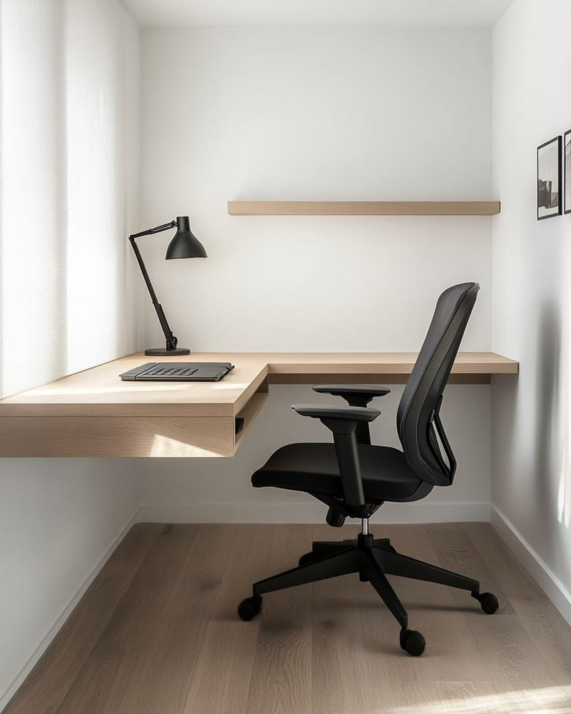 Modern home office with a minimalist aesthetic featuring a light oak floating desk, a black ergonomic chair, white walls, and a sleek matte black desk lamp.