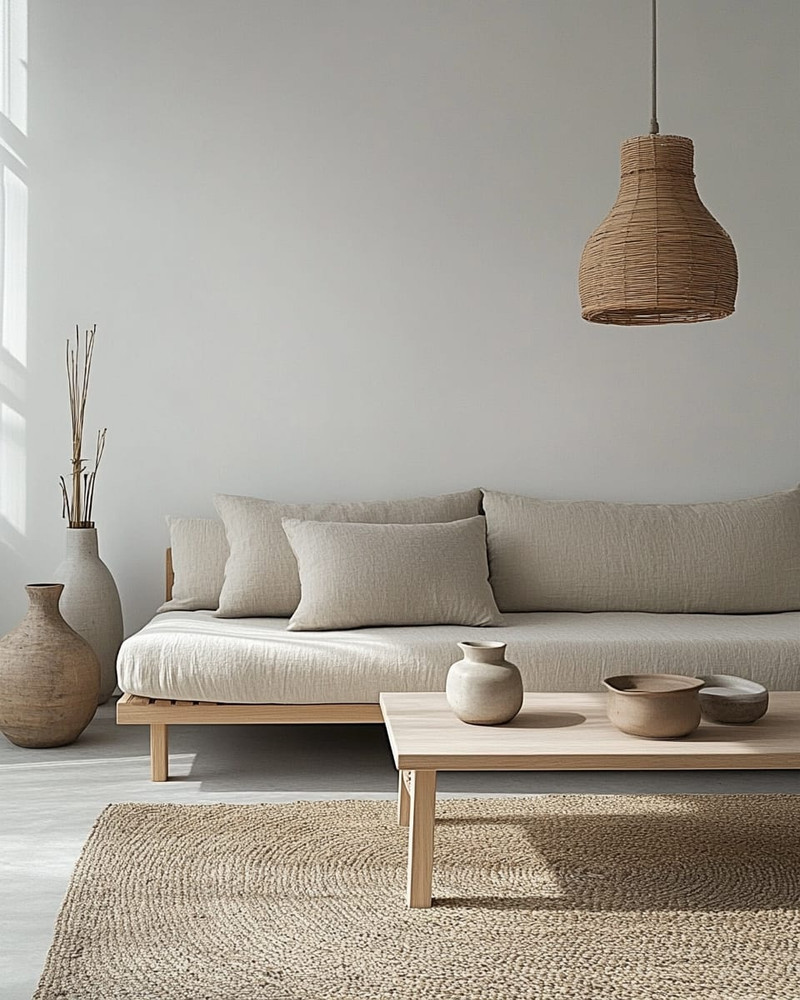 A serene Japandi living room featuring a low-slung sofa in natural linen, a simple light oak coffee table, and a woven jute rug, complemented by a bamboo pendant light and ceramic vases in muted tones. A serene Japandi living room featuring a low-slung sofa in natural linen, a simple light oak coffee table, and a woven jute rug, complemented by a bamboo pendant light and ceramic vases in muted tones.