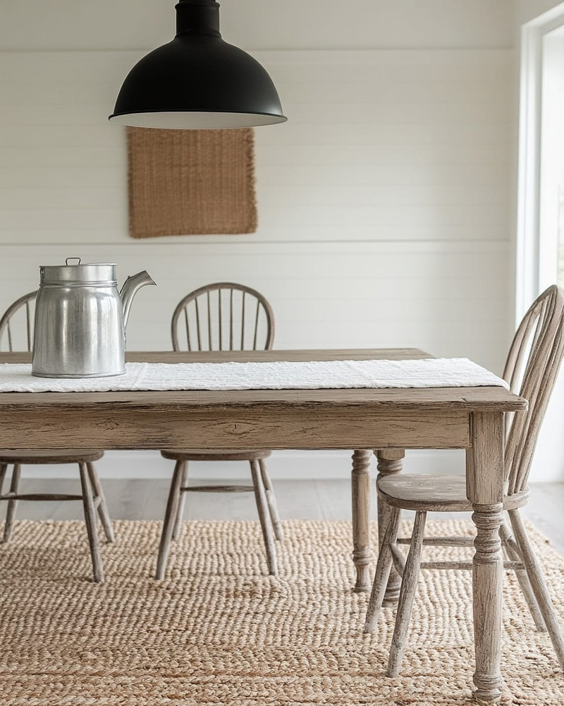 A bright farmhouse dining room featuring a distressed oak dining table, spindle-back chairs, and a woven rug. A large, vintage-inspired matte black pendant light hangs above, with a galvanized metal pitcher and white linen runner on the table. Walls are painted in a creamy off-white. A bright farmhouse dining room featuring a distressed oak dining table, spindle-back chairs, and a woven rug. A large, vintage-inspired matte black pendant light hangs above, with a galvanized metal pitcher and white linen runner on the table. Walls are painted in a creamy off-white.