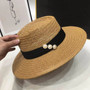 One Pc Summer Weave 3 Colors Solid Pearl Decor Vintage Elegant Adjustable Vacation Style Shaded Seaside Beach Straw Hat 54-58Cm
