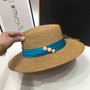One Pc Summer Weave 3 Colors Solid Pearl Decor Vintage Elegant Adjustable Vacation Style Shaded Seaside Beach Straw Hat 54-58Cm