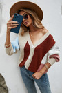 Winter New Contrast Color Knitted Stretch V-Neck Single-Breasted Stylish Sweater 2#