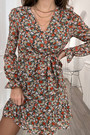 Autumn Long Sleeve V-Neck Floral Batch Printing Chiffon With A Belt Slim Stretch Holiday Style Mini Dress(With Lining)