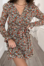 Autumn Long Sleeve V-Neck Floral Batch Printing Chiffon With A Belt Slim Stretch Holiday Style Mini Dress(With Lining)