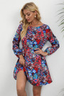 Autumn New Plus Size All Over Floral Printing Inelastic Lace-Up Back Stylish Casual Pastoral Style Mini Dress (Without Belt) 3#