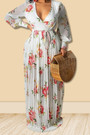 Autumn New Plus Size All-Over Floral Printing Inelastic V-Neck Tie-Waist Stylish Maxi Dress