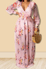 Autumn New Plus Size All-Over Floral Printing Inelastic V-Neck Tie-Waist Stylish Maxi Dress