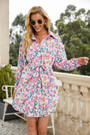 Autumn New Plus Size Floral Printing Inelastic Casual Stylish Mini Shirtdress With Belt