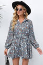 Autumn New Plus Size Floral Printing Inelastic Turndown Collar Single-Breasted Casual Pastoral Style Mini Dress With Belt