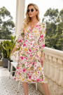 Autumn New Plus Size Flower Batch Printing Inelastic V-Neck Three-Quarter Sleeves Drawstring High Slit Stylish Pastoral Style Midi Dress