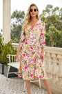 Autumn New Plus Size Flower Batch Printing Inelastic V-Neck Three-Quarter Sleeves Drawstring High Slit Stylish Pastoral Style Midi Dress