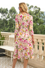 Autumn New Plus Size Flower Batch Printing Inelastic V-Neck Three-Quarter Sleeves Drawstring High Slit Stylish Pastoral Style Midi Dress