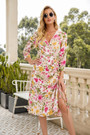 Autumn New Plus Size Flower Batch Printing Inelastic V-Neck Three-Quarter Sleeves Drawstring High Slit Stylish Pastoral Style Midi Dress