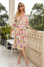 Autumn New Plus Size Flower Batch Printing Inelastic V-Neck Three-Quarter Sleeves Drawstring High Slit Stylish Pastoral Style Midi Dress