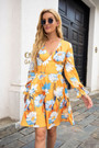 Autumn New Plus Size Flower Batch Printing Stretch V-Neck Stylish Pastoral Style Mini Dress
