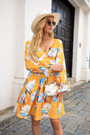 Autumn New Plus Size Flower Batch Printing Stretch V-Neck Stylish Pastoral Style Mini Dress