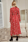 Autumn New Red Floral Printing Micro-Elastic V-Neck Tie-Waist Stylish Pastoral Style Midi Dress