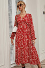 Autumn New Red Floral Printing Micro-Elastic V-Neck Tie-Waist Stylish Pastoral Style Midi Dress