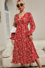 Autumn New Red Floral Printing Micro-Elastic V-Neck Tie-Waist Stylish Pastoral Style Midi Dress