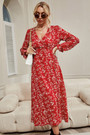 Autumn New Red Floral Printing Micro-Elastic V-Neck Tie-Waist Stylish Pastoral Style Midi Dress