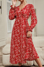 Autumn New Red Floral Printing Micro-Elastic V-Neck Tie-Waist Stylish Pastoral Style Midi Dress