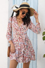 Autumn New Stylish Batch Printing Inelastic V-Neck 9-Point Sleeves Ruffled Casual Mini Dress