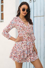 Autumn New Stylish Batch Printing Inelastic V-Neck 9-Point Sleeves Ruffled Casual Mini Dress
