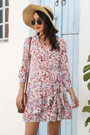 Autumn New Stylish Batch Printing Inelastic V-Neck 9-Point Sleeves Ruffled Casual Mini Dress