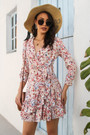 Autumn New Stylish Batch Printing Inelastic V-Neck 9-Point Sleeves Ruffled Casual Mini Dress