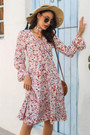 Autumn New Stylish Inelastic Batch Printing Lacing Shirring Flared Sleeves Casual Midi Dress