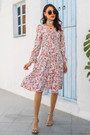Autumn New Stylish Inelastic Batch Printing Lacing Shirring Flared Sleeves Casual Midi Dress